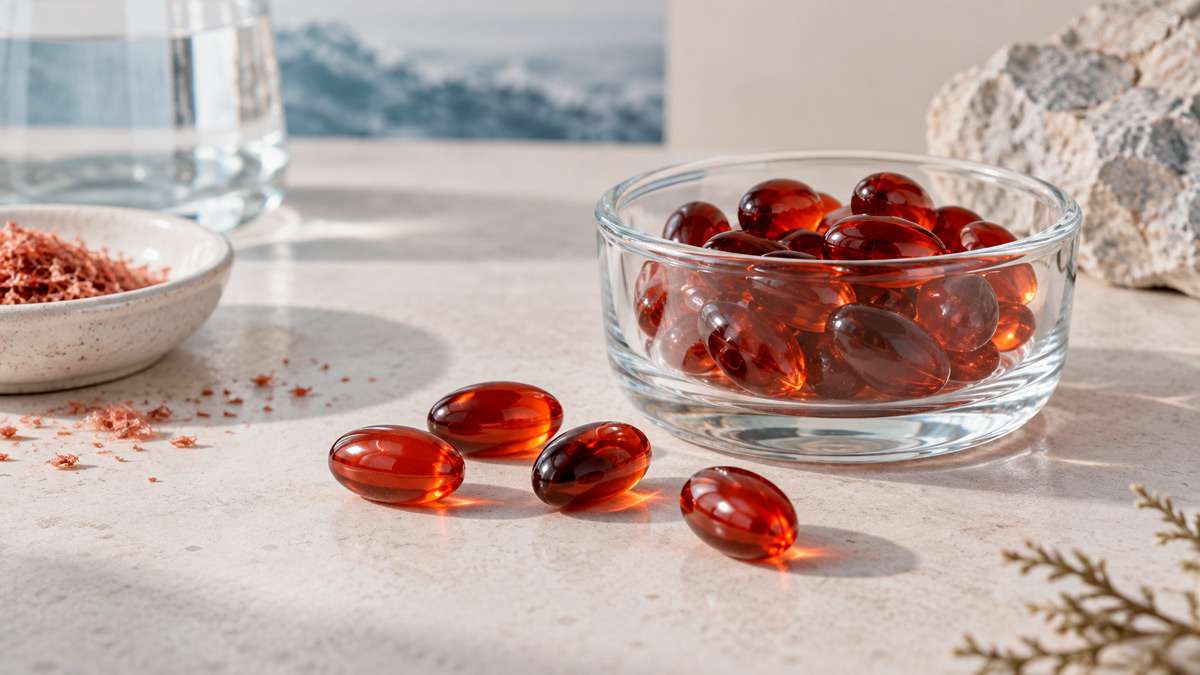 Cápsulas rojizas de aceite de krill en un recipiente transparente sobre fondo claro