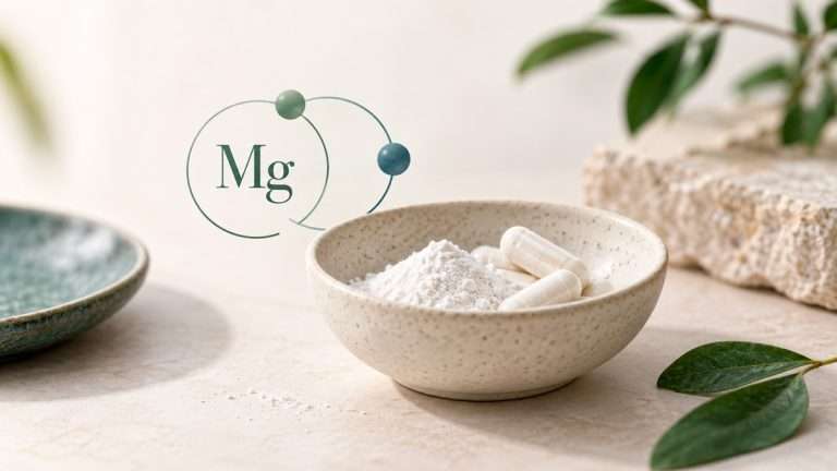 Cápsulas de bisglicinato de magnesio junto a una representación editorial del magnesio