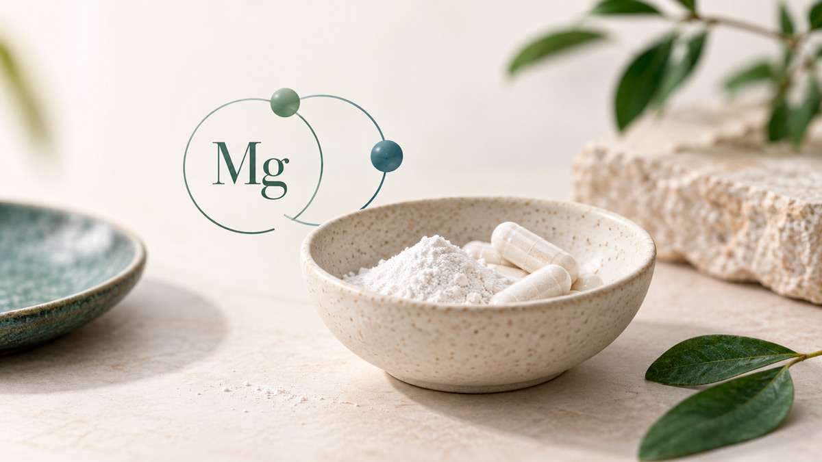 Cápsulas de bisglicinato de magnesio junto a una representación editorial del magnesio