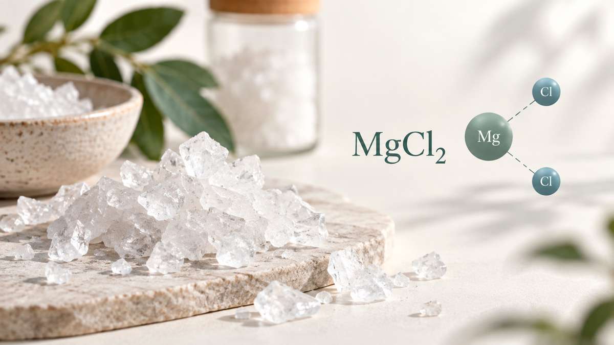 Cloruro de magnesio Cristales de cloruro de magnesio con la fórmula química MgCl₂