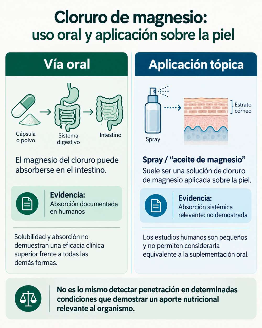 Cloruro de magnesio: vía oral y tópica Infografía que compara la absorción oral del cloruro de magnesio con la evidencia limitada sobre su aplicación tópica