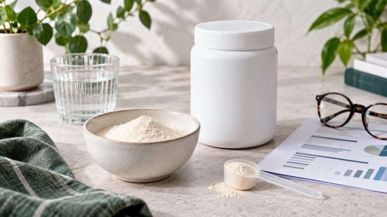 Suplemento de colágeno en polvo junto a un envase genérico y una ficha de ingredientes