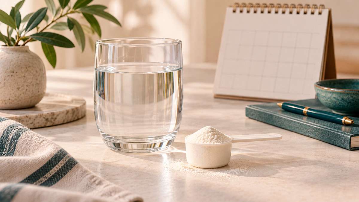 Medidor de colágeno en polvo junto a un vaso de agua, representación del consumo de suplementos
