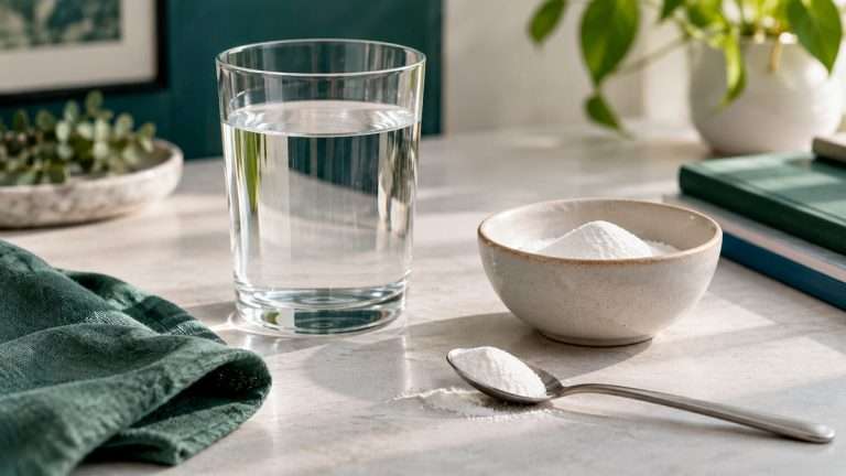 Vaso de agua y cuchara con polvo de creatina sobre una mesa