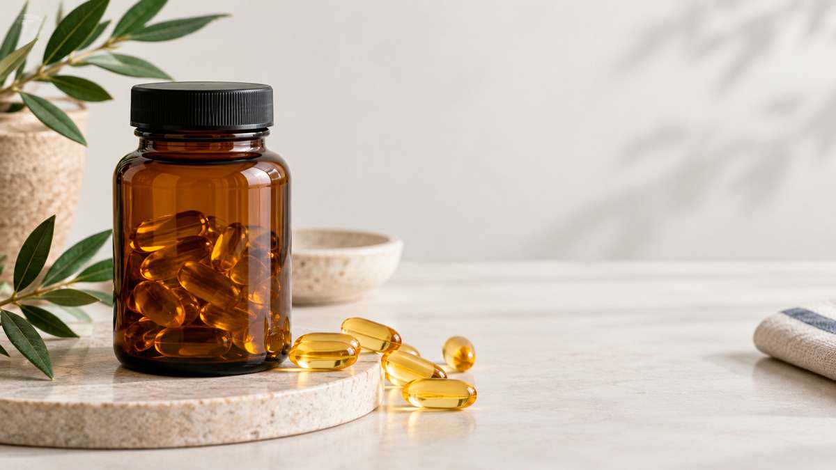 Cápsulas doradas de aceite de omega-3 junto a un frasco de vidrio ámbar sin marca