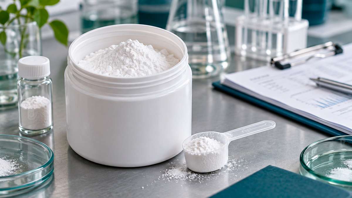 Creatina Creapure Creatina monohidrato en polvo junto a material de laboratorio que representa el control de calidad y la trazabilidad