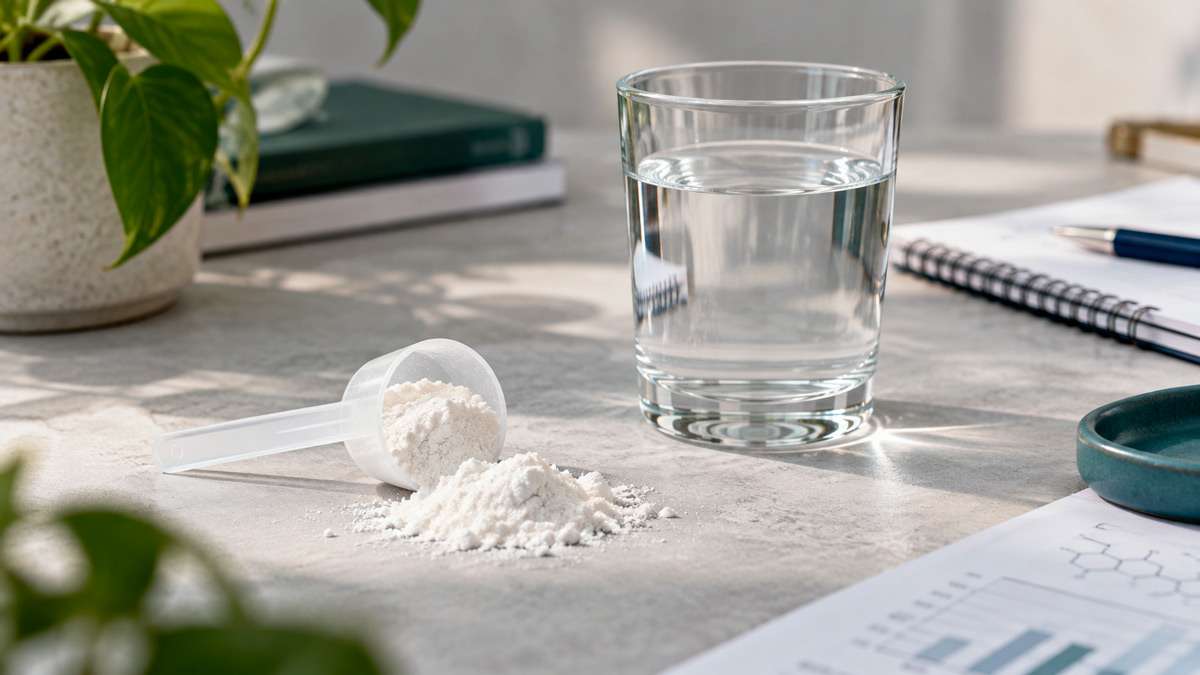 Creatina en polvo junto a un vaso de agua en una escena editorial limpia sobre seguridad de los suplementos