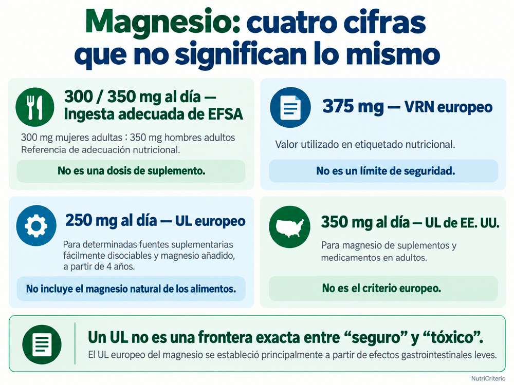 Diferencias entre ingesta adecuada, VRN y límites superiores de magnesio en Europa y Estados Unidos