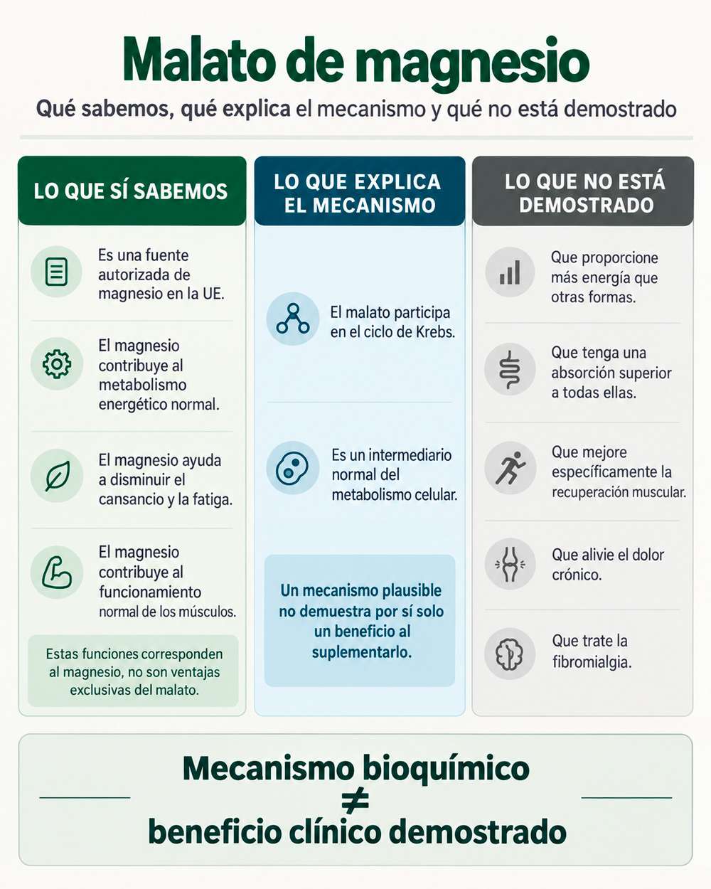Infografía que diferencia las funciones del magnesio, el papel metabólico del malato y los beneficios no demostrados