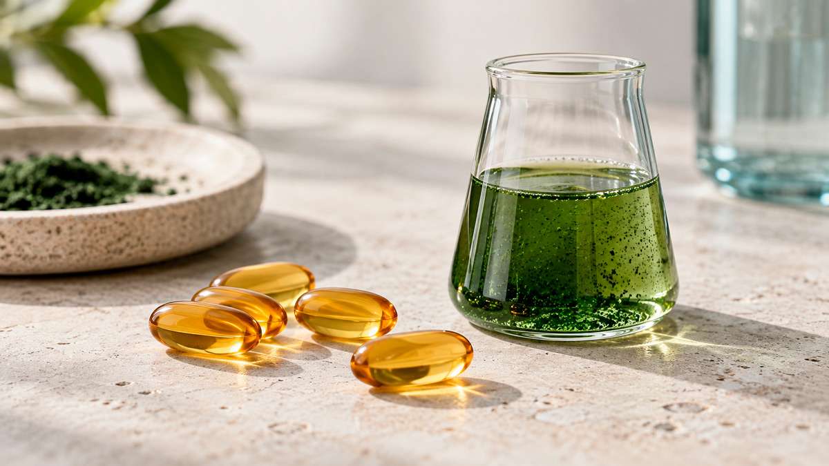 Cápsulas de aceite de omega-3 junto a un recipiente con microalgas