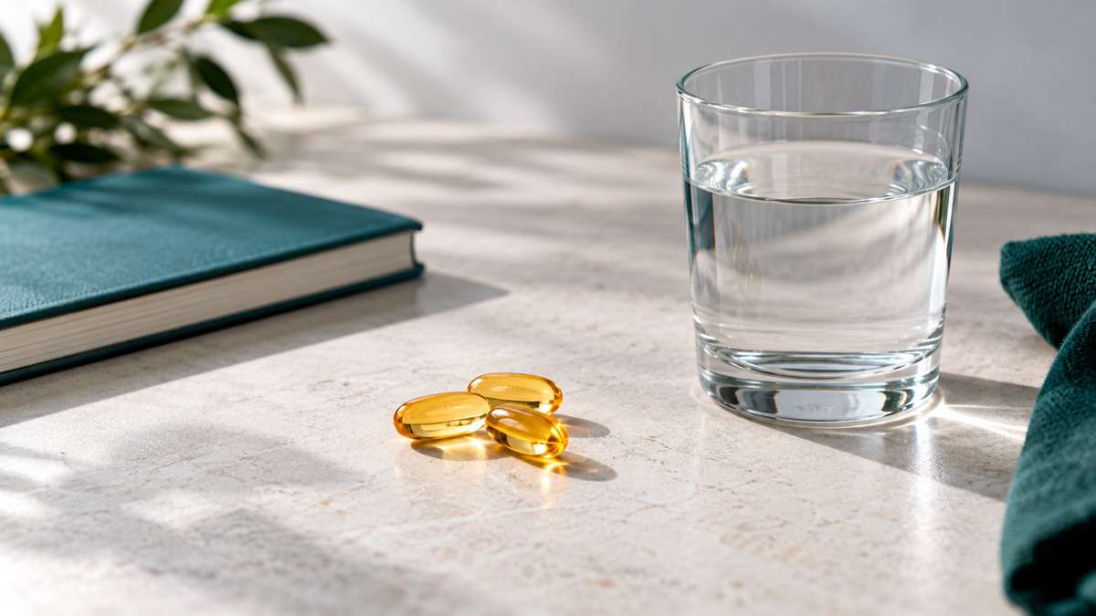 Cápsulas de omega-3 junto a un vaso de agua sobre una superficie clara