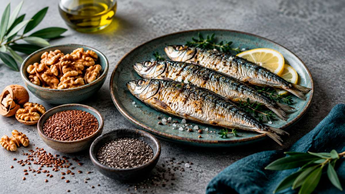 Fuentes alimentarias de omega-3 Pescado azul, nueces y semillas de lino y chía como fuentes de diferentes tipos de omega-3