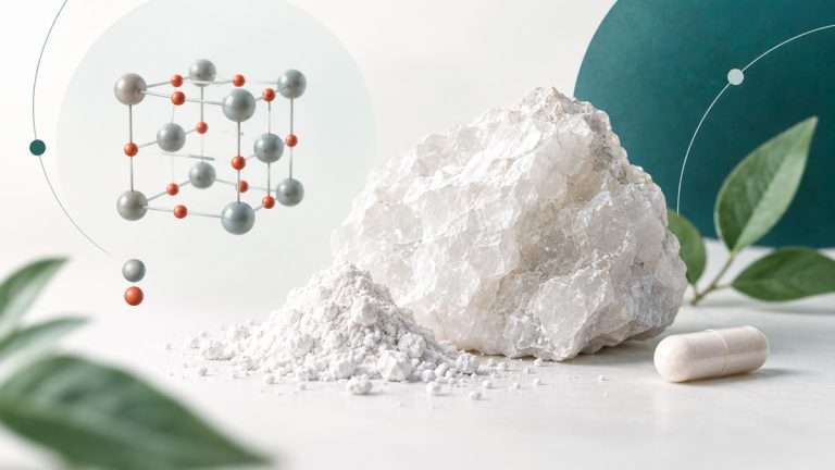 Ilustración editorial del óxido de magnesio con mineral blanco, polvo y estructura molecular esquemática