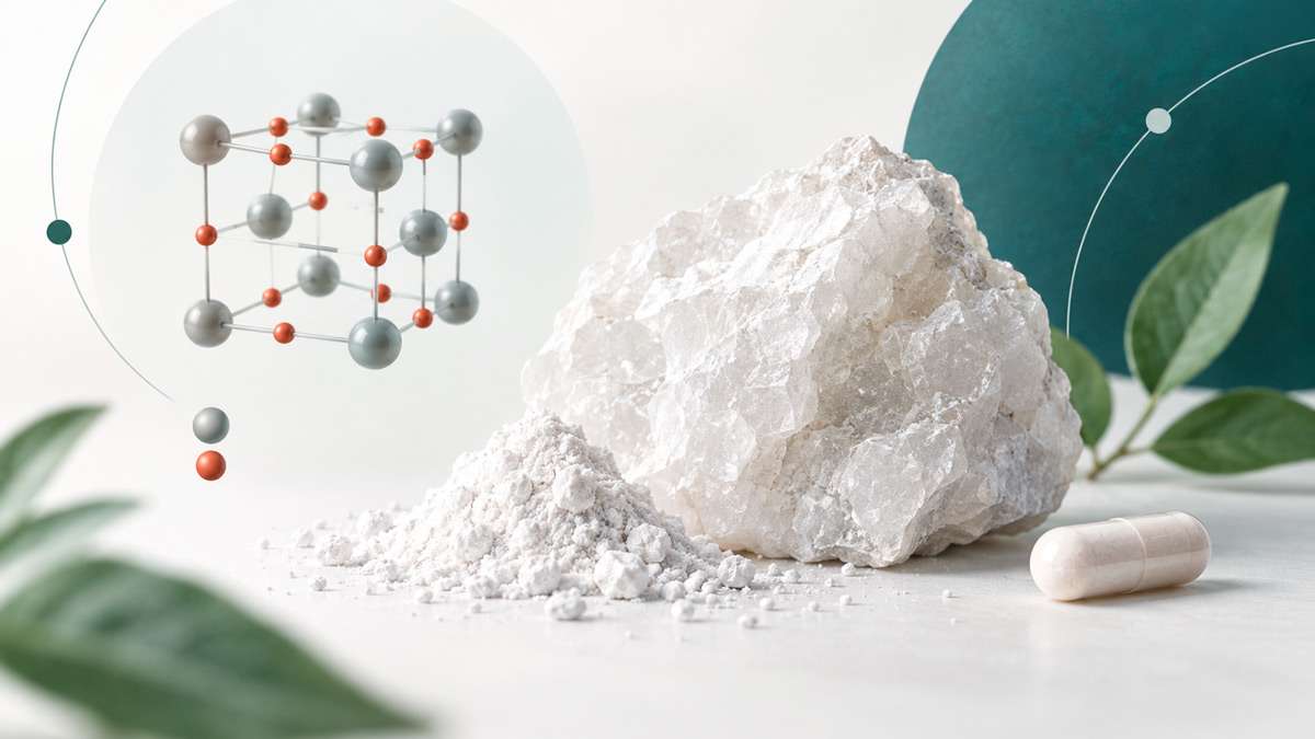 Óxido de magnesio Ilustración editorial del óxido de magnesio con mineral blanco, polvo y estructura molecular esquemática