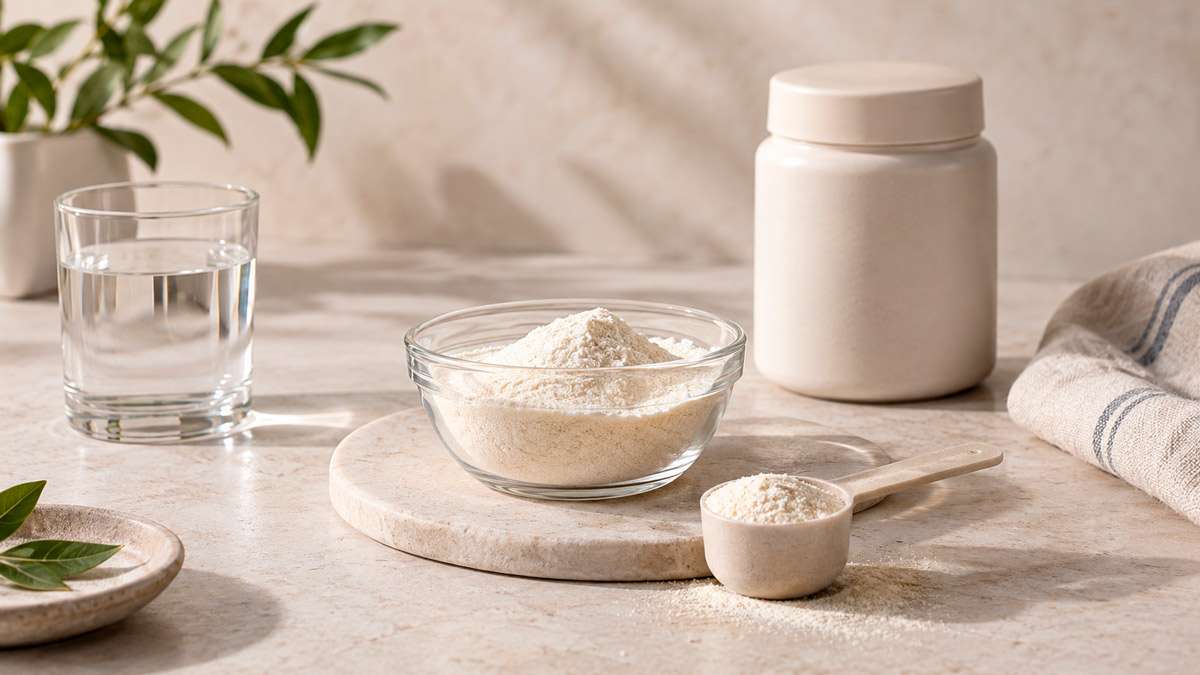 Suplementos Colágeno Colágeno en polvo junto a una cuchara dosificadora y un recipiente