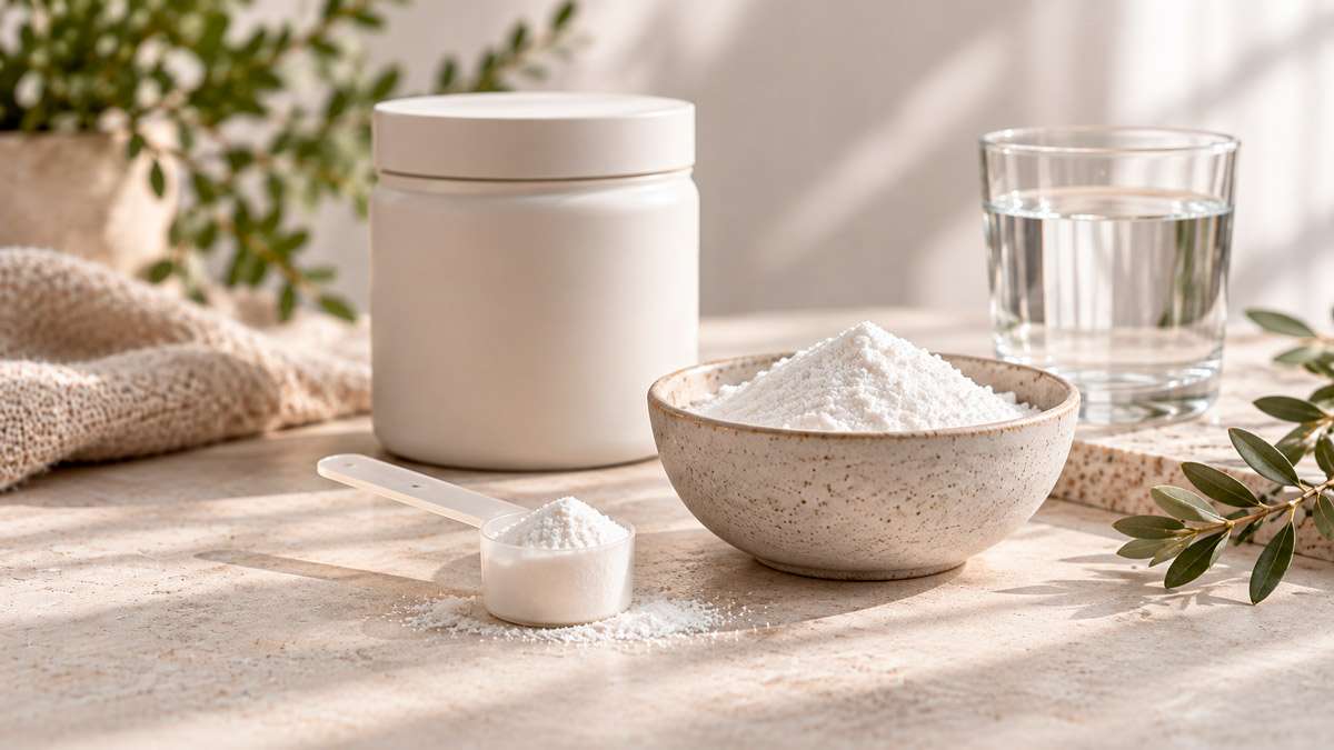 Suplementos de Creatina Creatina en polvo junto a una cuchara dosificadora y un recipiente