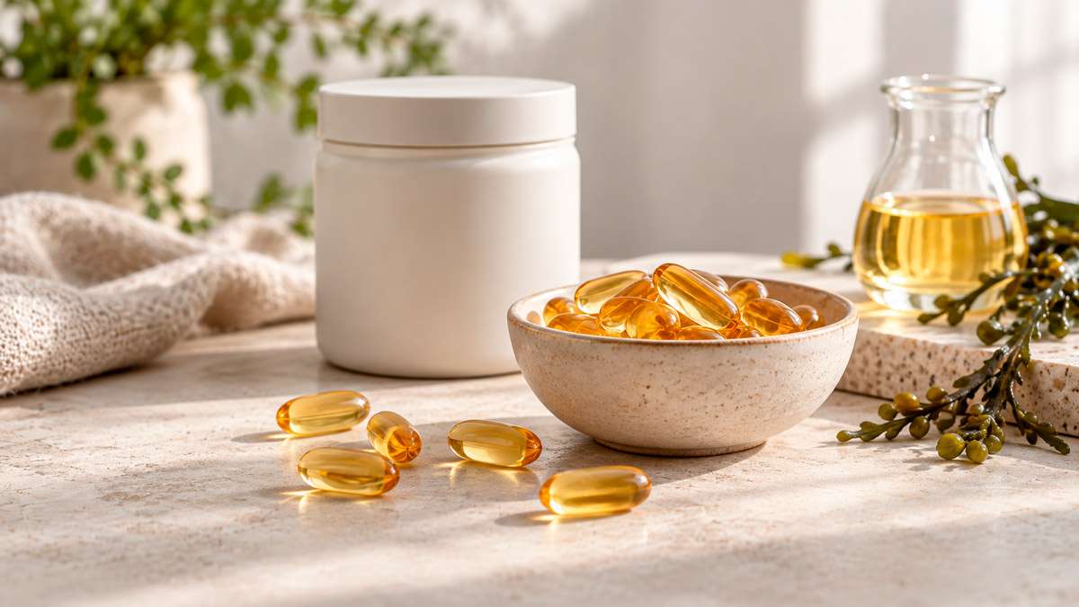 Cápsulas de omega-3 junto a un recipiente y un detalle de algas