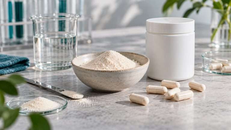 Distintas presentaciones genéricas de suplementos de colágeno dispuestas para comparación