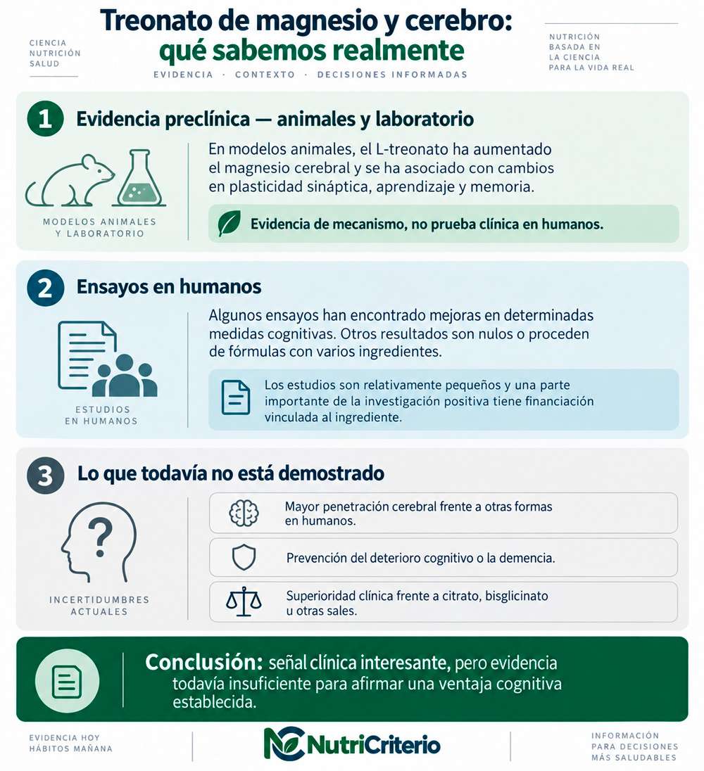 Infografía sobre la evidencia del treonato de magnesio en animales y humanos y sus limitaciones para la función cognitiva